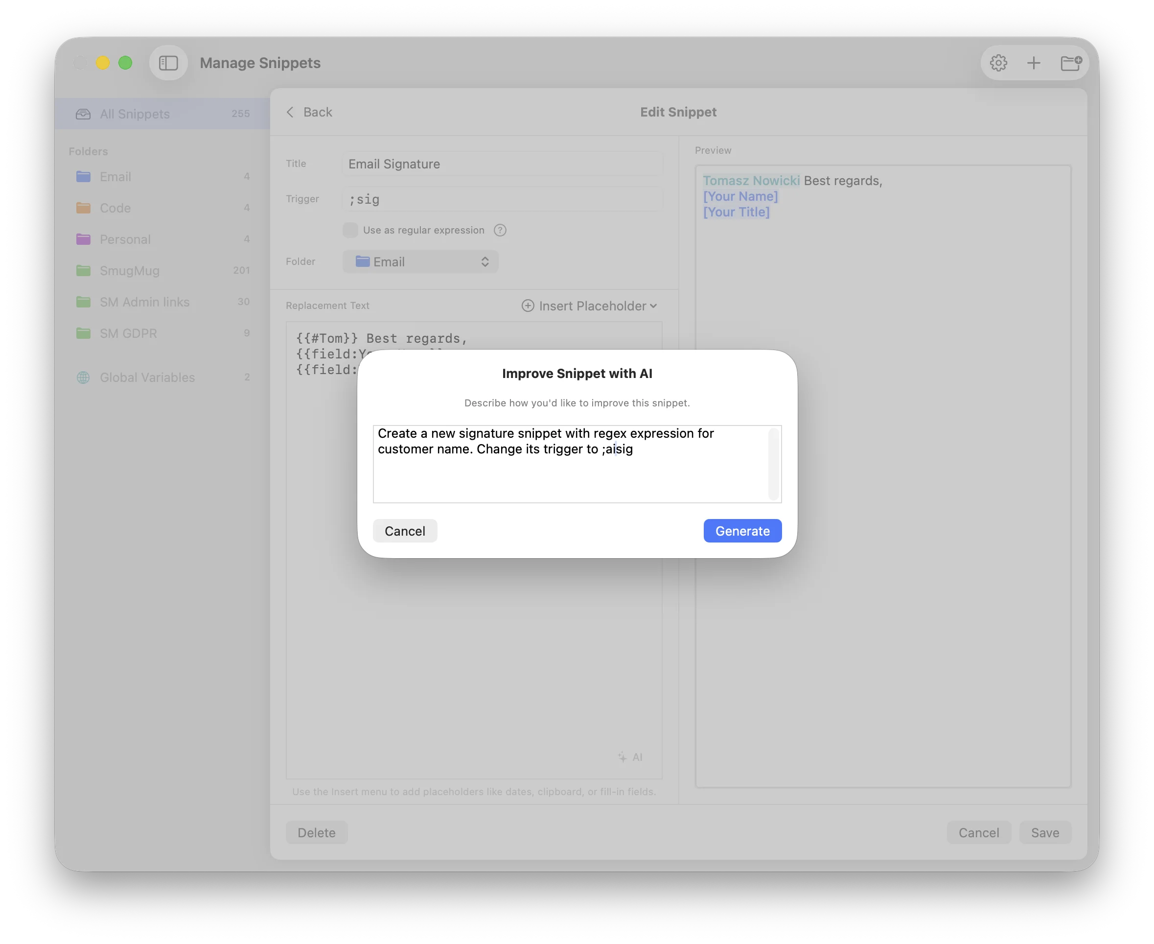 Improve with AI dialog in Wordy