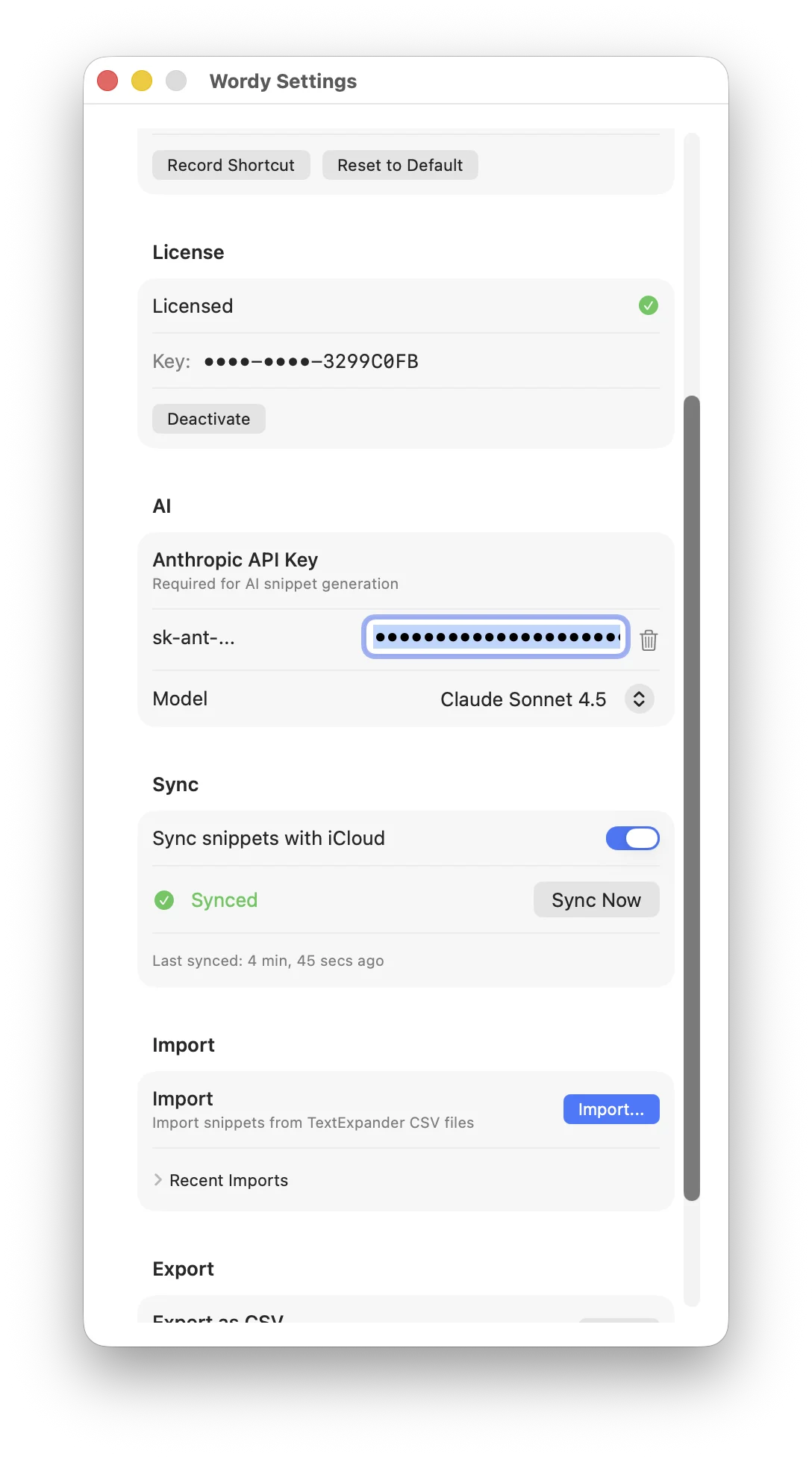 Adding Anthropic API key in Wordy Settings
