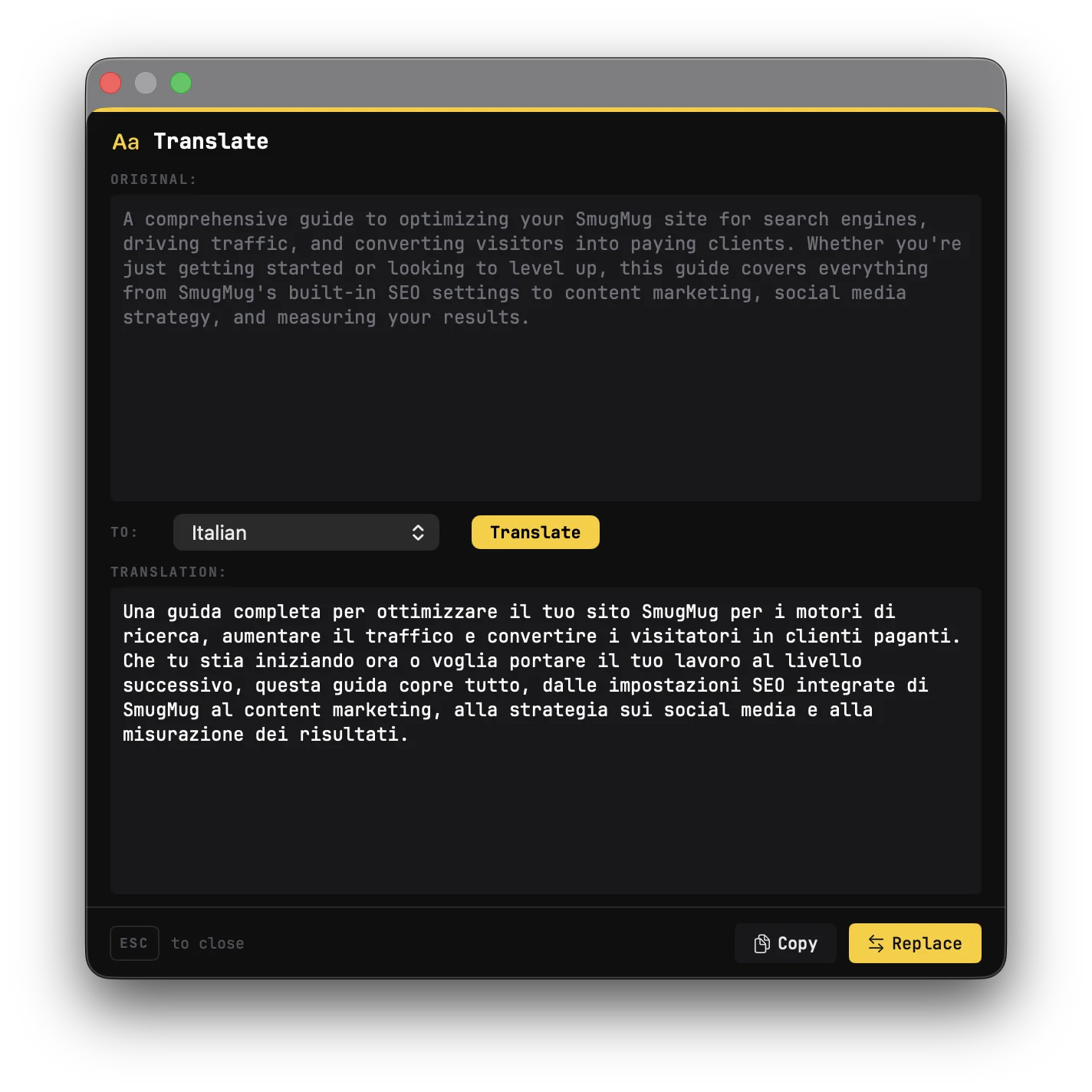 Wordy AI Translation panel showing original text and Italian translation