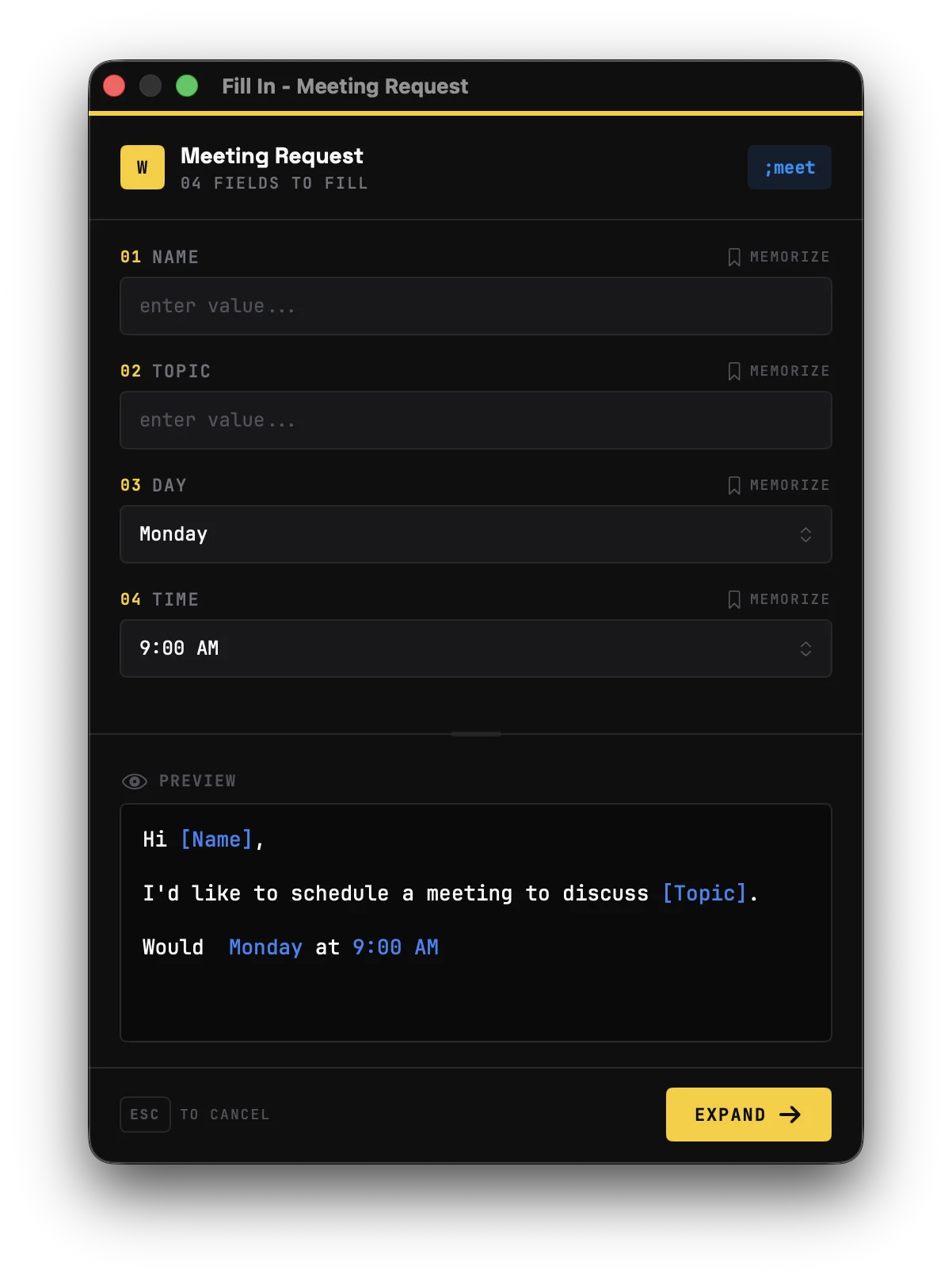 Fill-in form popup in Wordy