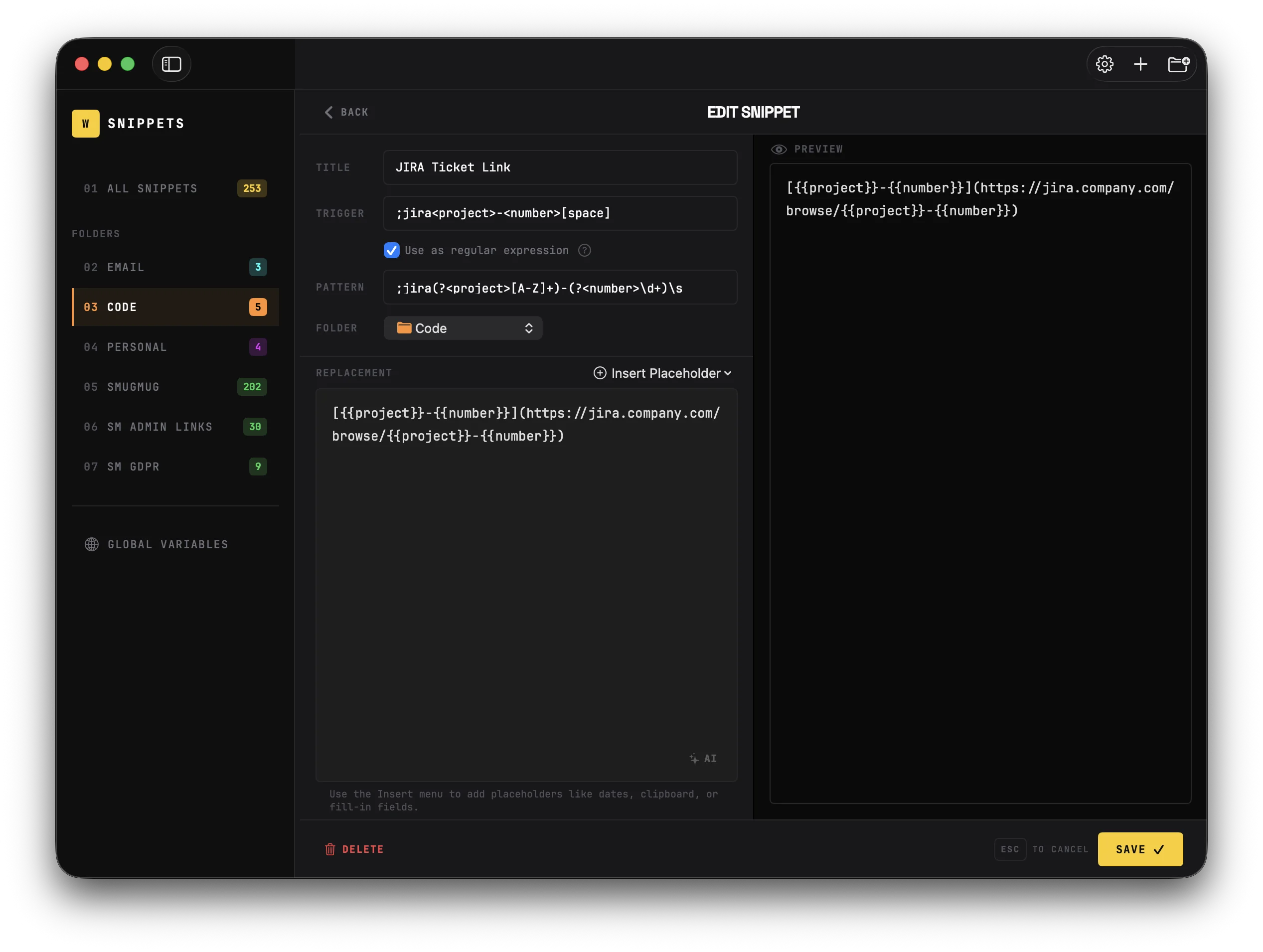 Creating a regex trigger in Wordy